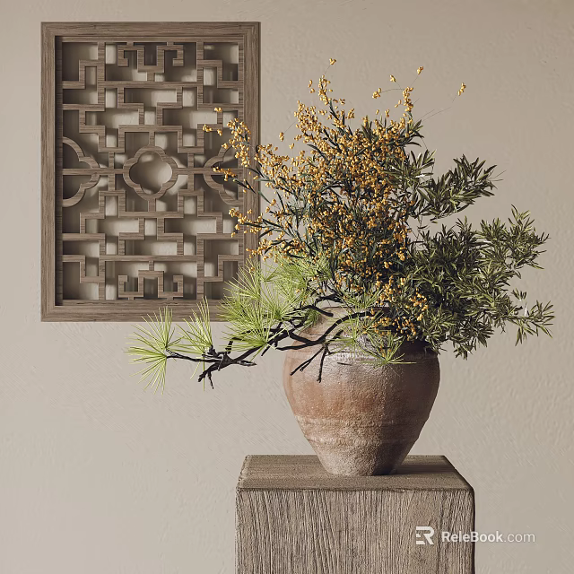 Traditional Chinese Decorative Ornament Set With Ceramic Pot Yellow Flowers Pine Branches On Wooden Stand 3d model 