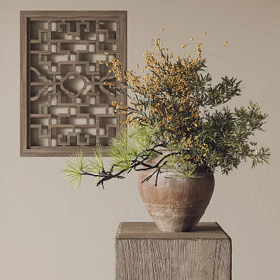 Traditional Chinese Decorative Ornament Set With Ceramic Pot Yellow Flowers Pine Branches On Wooden Stand 3d model