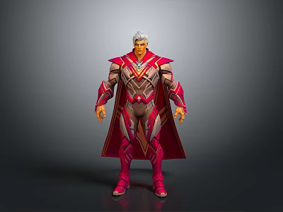 Game And Movie Character In Red Purple Armor With Silver Hair And Glowing Chest Decoration 3d model