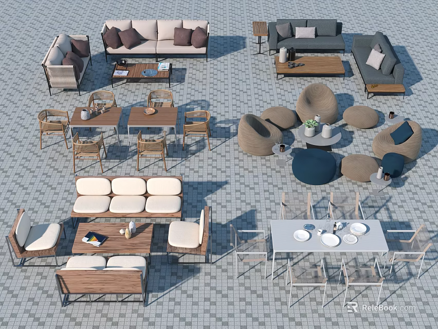 Modern Outdoor Table Set With Wooden Chairs And Leisure Sofa For Patio Area 3d model 