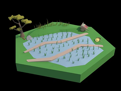Cartoon Scene Featuring Green Grassland Water Area Seedlings Yellow Tree Small House And Sun 3d model