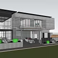 Modern Detached Villa Featuring Large Glass Windows Greenery And Car Parked In Front