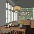Bright Kitchen With Green Tile Wall Rattan Pendant Light Wooden Cabinets And Large Windows