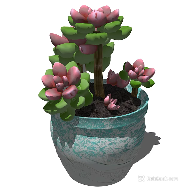 Decorative Potted Bonsai Plant With Blue Green Textured Pot Pink Flowers And Green Leaves 3d model 