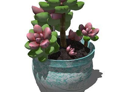 Decorative Potted Bonsai Plant With Blue Green Textured Pot Pink Flowers And Green Leaves 3d model