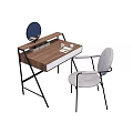 Dressing Table With Wooden Top Black Metal Frame Round Mirror And Grey Padded Chair