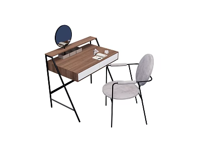 Dressing Table With Wooden Top Black Metal Frame Round Mirror And Grey Padded Chair 3d model
