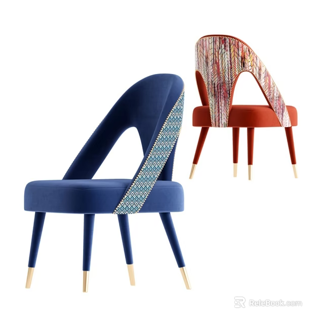 Blue And Red Velvet Accent Chairs With Woven Decorative Straps And Gold Legs 3d model 