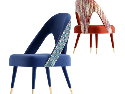 Blue And Red Velvet Accent Chairs With Woven Decorative Straps And Gold Legs 3d model
