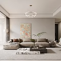 Modern Living Dining Room Interior With TV Wall Chandelier Black Armchair Coffee Table And Plants