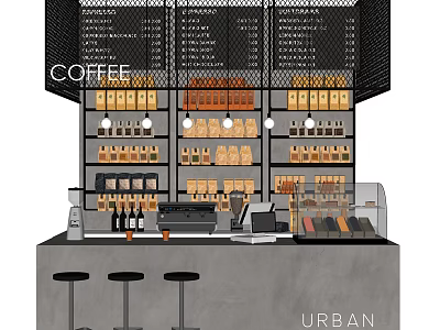 Urban Modern Café Interior With Coffee Beans Display Shelves And Bar Stools 3d model