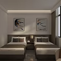Cozy Hotel Guest Room with Twin Beds Paintings on Wall Window and Nightstand Chair