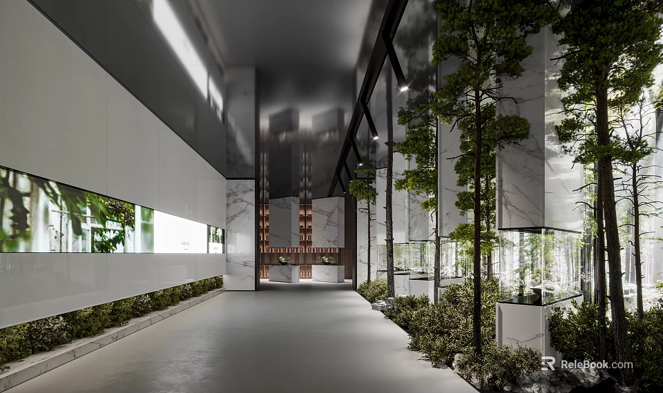 Modern Interior Corridor Space With Green Plants Marble Walls And Glass Elements 3d model 