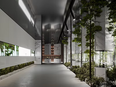 Modern Interior Corridor Space With Green Plants Marble Walls And Glass Elements 3d model