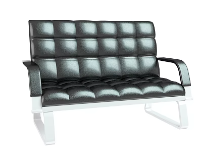 Black Leather Public Chair with Square Tufted Design and White Metal Legs 3d model
