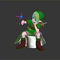 3D Character In Green Outfit Sitting On Tree Stump With Blue Windmill And Brown Boots
