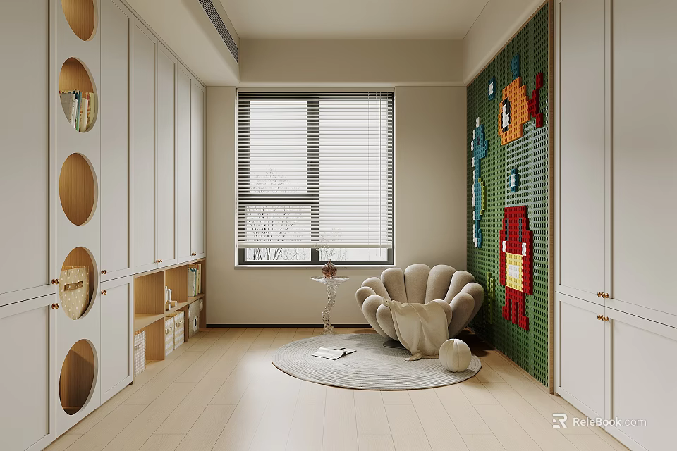 Modern Entertainment Room Interior With Cozy Chair Creative Wall Art And Cabinets 3d model 