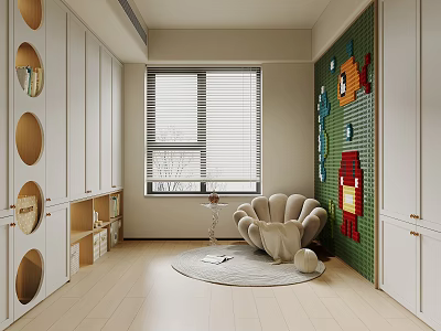 Modern Entertainment Room Interior With Cozy Chair Creative Wall Art And Cabinets 3d model