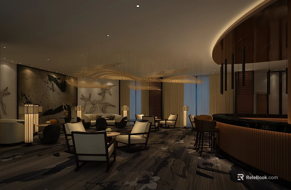 Luxury Clubhouse Interior With Comfortable Chairs Artwork Bar Counter And Ambient Lighting 3d model 