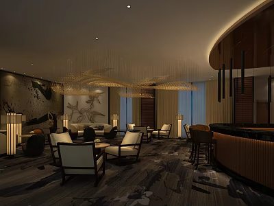 Luxury Clubhouse Interior With Comfortable Chairs Artwork Bar Counter And Ambient Lighting 3d model