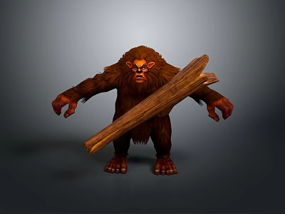 Furry Brown Creature Holding Large Wooden Log Standing On Gray Background 3d model