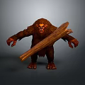 Furry Brown Creature Holding Large Wooden Log Standing On Gray Background