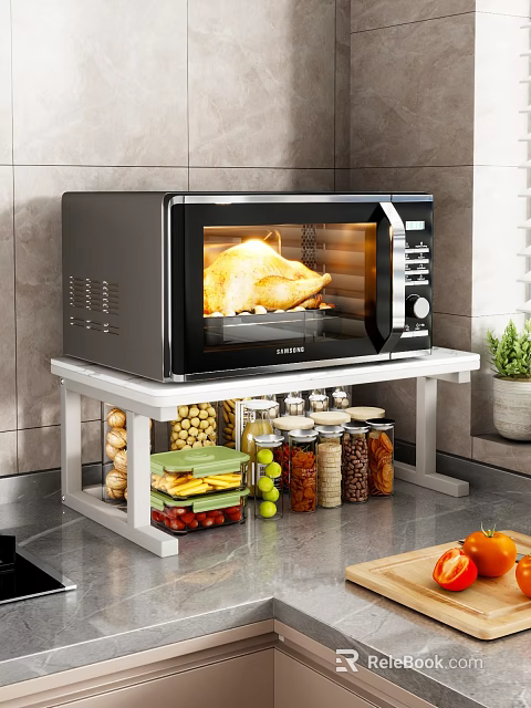 Microwave Oven with Roasting Chicken on White Kitchen Shelf with Storage Containers and Glass Jars 3d model 