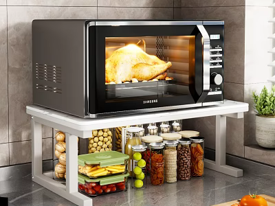 Microwave Oven with Roasting Chicken on White Kitchen Shelf with Storage Containers and Glass Jars 3d model