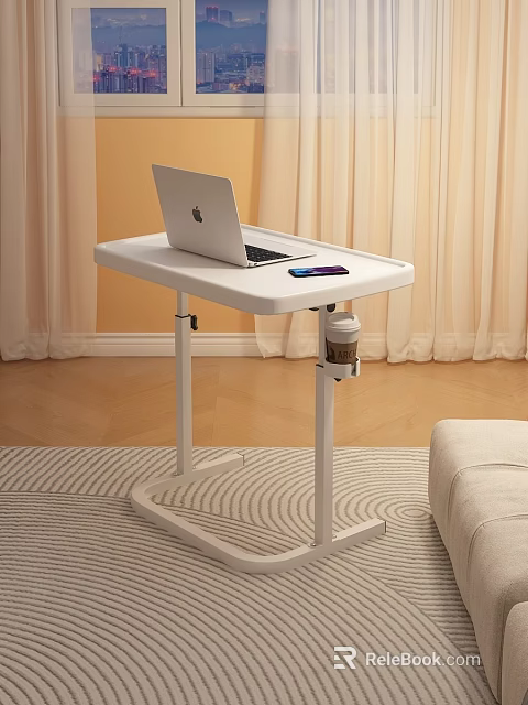 White Adjustable Side Table with Laptop Purple Pen and Coffee Cup Holder 3d model