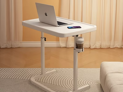 White Adjustable Side Table with Laptop Purple Pen and Coffee Cup Holder 3d model