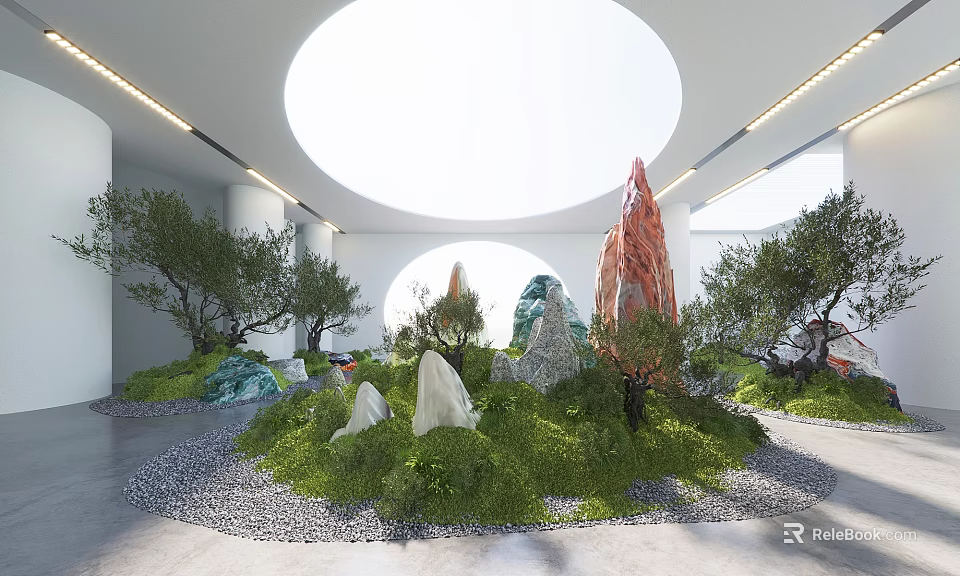 Indoor Landscape With Circular Skylight White Columns Green Plants Rock Formations And Gravel Ground 3d model 