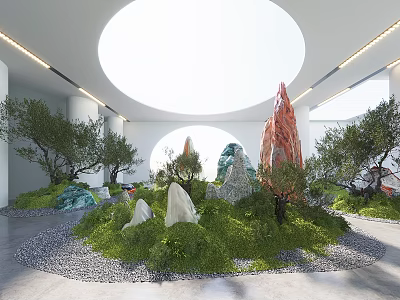 Indoor Landscape With Circular Skylight White Columns Green Plants Rock Formations And Gravel Ground 3d model