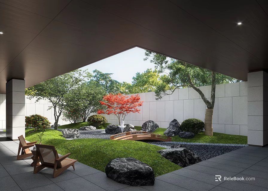 Serene Courtyard Garden With Wooden Chairs Green Lawn Red Maple Tree And Stone Water Feature 3d model 