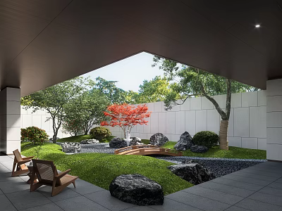 Serene Courtyard Garden With Wooden Chairs Green Lawn Red Maple Tree And Stone Water Feature 3d model