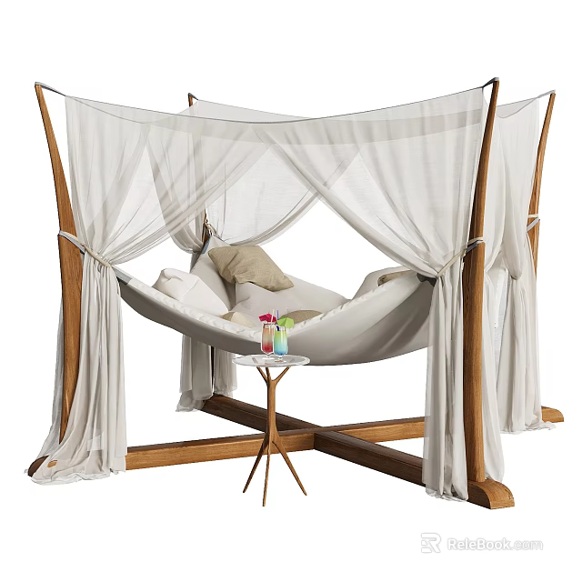 Hammock Double Bed With Wooden Frame White Canopy Curtains Small Side Table And Drinks 3d model