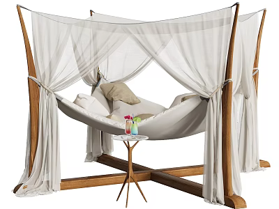 Hammock Double Bed With Wooden Frame White Canopy Curtains Small Side Table And Drinks 3d model