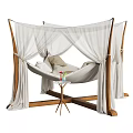 Hammock Double Bed With Wooden Frame White Canopy Curtains Small Side Table And Drinks 3d model