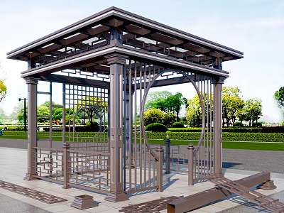 Modern Metal Pavilion With Open Lattice Design In Park Featuring Green Trees And Lawn 3d model