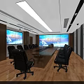 Modern Conference Room Interior With Long Table Black Chairs Large Screens And Wooden Walls