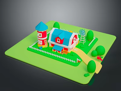 Colorful Farm Barn Building with Blue Roof White Fence Green Grass Windmill and Trees 3d model