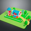 Colorful Farm Barn Building with Blue Roof White Fence Green Grass Windmill and Trees