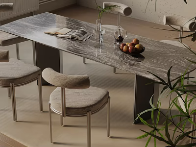 Modern Dining Table Set With Marble Top Upholstered Chairs Fruit Bowl Wine Glasses And Plants 3d model