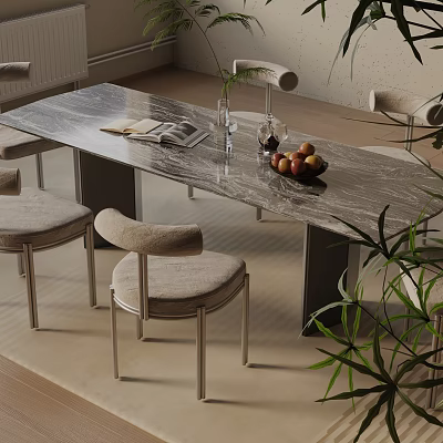 Modern Dining Table Set With Marble Top Upholstered Chairs Fruit Bowl Wine Glasses And Plants 3d model