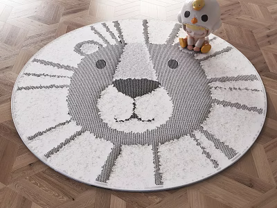 Round Rug With Lion Face Design And Cute Doll Decoration 3d model
