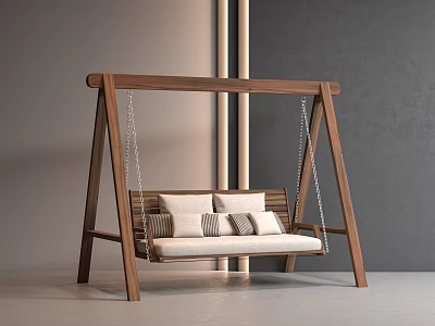 Modern Wooden Swing Chair With White And Gray Cushions And Metal Chains For Indoor Use 3d model