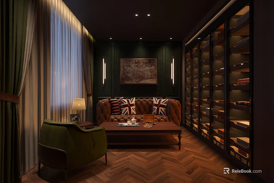 Luxurious Living Room Interior With Dark Green Walls Brown Sofa Union Jack Cushions Glass Bookshelves 3d model 