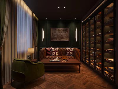Luxurious Living Room Interior With Dark Green Walls Brown Sofa Union Jack Cushions Glass Bookshelves 3d model
