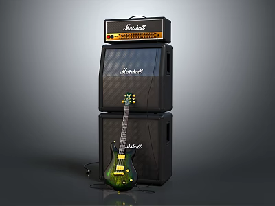 Marshall Stacked Electronic Audio Amplifiers With Electric Guitar And Black Design 3d model