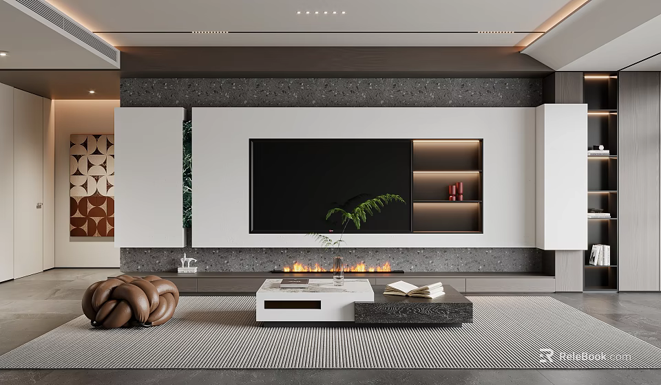 Modern TV Wall Design With Fireplace And Storage Shelves 3d model 