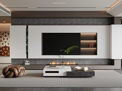 Modern TV Wall Design With Fireplace And Storage Shelves 3d model